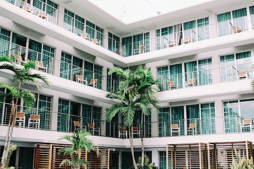 Hotel rooms on a balcony.